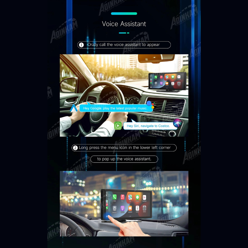 Adinkam V20 10.26" Portable CarPlay & Android Auto Navigation System | Ultra-Smooth HD Screen | 5GHz WiFi, Bluetooth, FM | Intelligent Voice Assistant