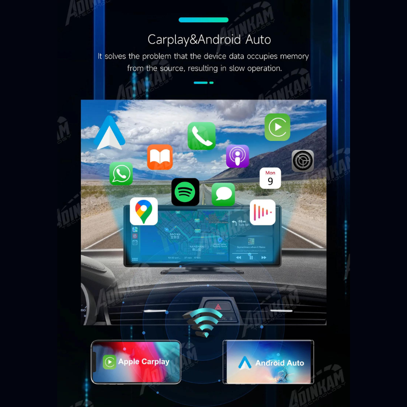 Adinkam V20 10.26" Portable CarPlay & Android Auto Navigation System | Ultra-Smooth HD Screen | 5GHz WiFi, Bluetooth, FM | Intelligent Voice Assistant