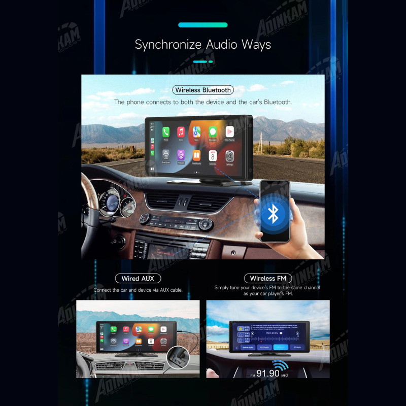 Adinkam V20 10.26" Portable CarPlay & Android Auto Navigation System | Ultra-Smooth HD Screen | 5GHz WiFi, Bluetooth, FM | Intelligent Voice Assistant