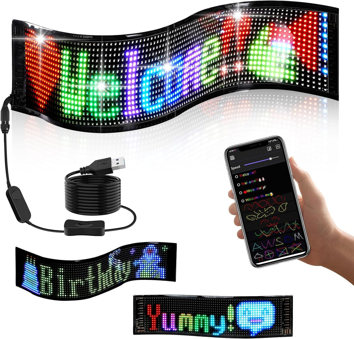 Customizable LED Car Sign: 15''x4'' Programmable, Pre-made Animations & Text, Bluetooth APP Control, Flexible LED Matrix Panel, Graffiti Scrolling, Ideal for Cars, Stores, and Holidays