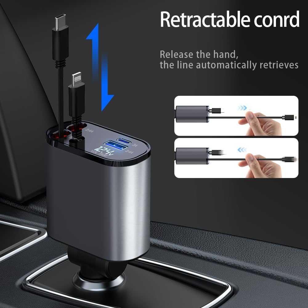 Retractable 4-in-1 Car Phone Fast Charger - Up to 60W, Compatible with iPhone 15/14/13/12/11 - Features Retractable Cables and USB Car Charger