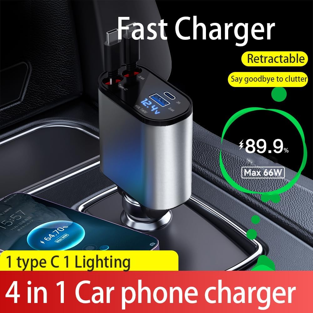 Retractable 4-in-1 Car Phone Fast Charger - Up to 60W, Compatible with iPhone 15/14/13/12/11 - Features Retractable Cables and USB Car Charger