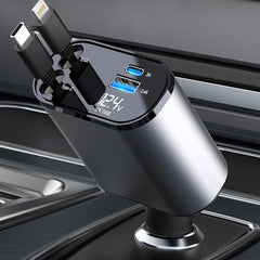 Retractable 4-in-1 Car Phone Fast Charger - Up to 60W, Compatible with iPhone 15/14/13/12/11 - Features Retractable Cables and USB Car Charger