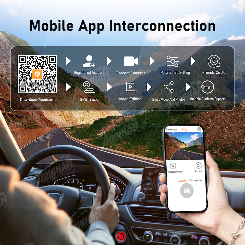 Adinkam V30S 10.26" Portable CarPlay & Android Auto Dash Cam | 4K Front + 1080p Rear Camera | FM, Split Screen Mode | 32GB TF Card Included