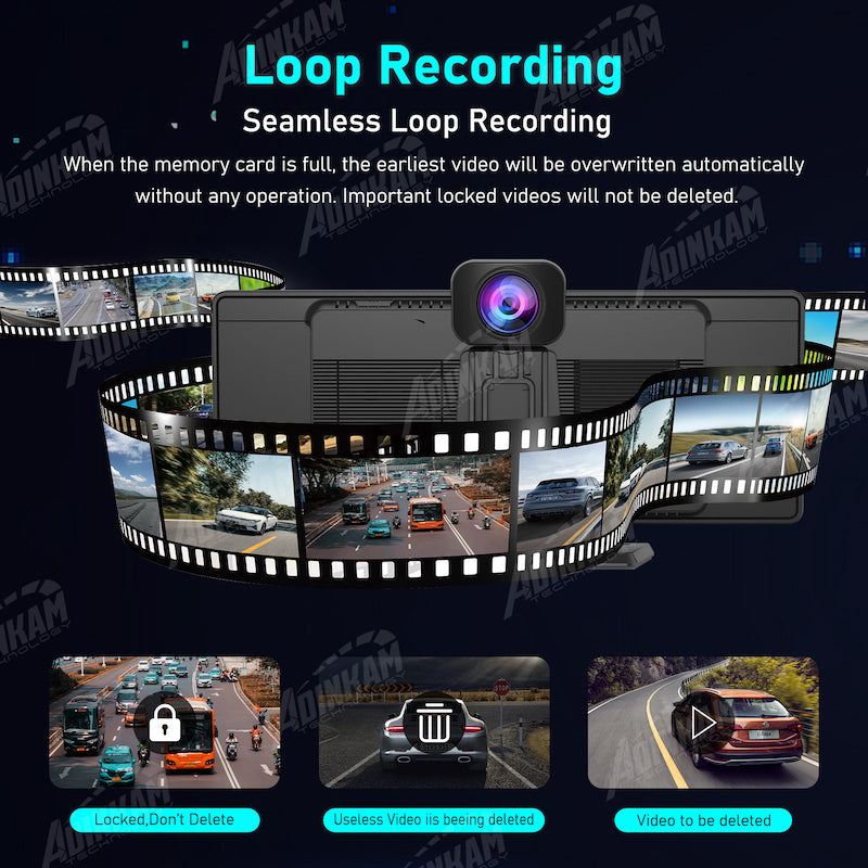 Adinkam V30S 10.26" Portable CarPlay & Android Auto Dash Cam | 4K Front + 1080p Rear Camera | FM, Split Screen Mode | 32GB TF Card Included