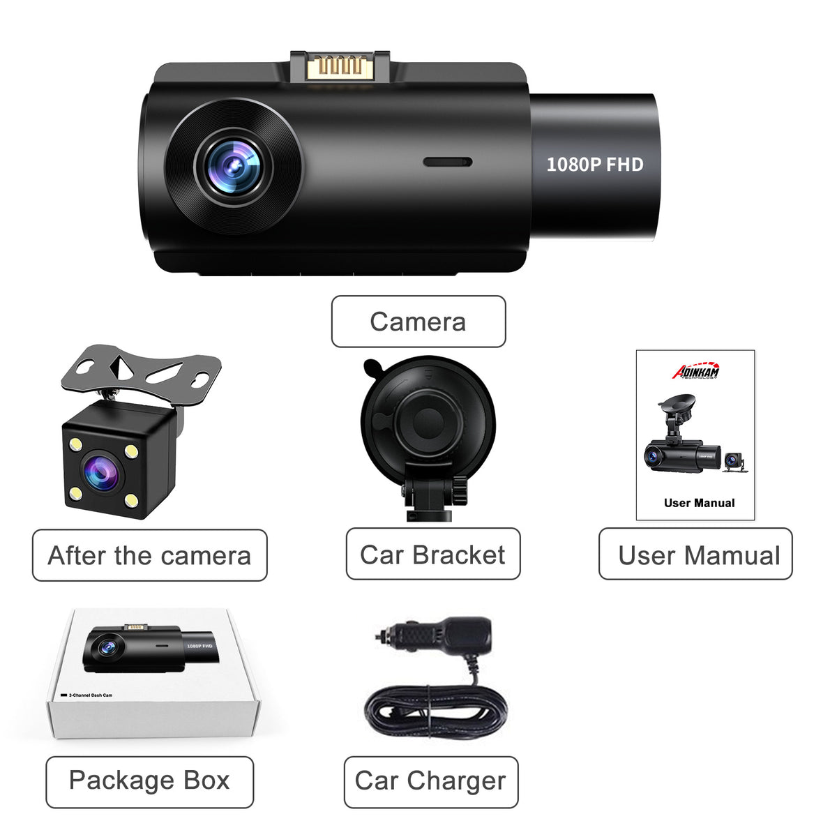 Adinkam HD Night Vision Dash Cam D207s | Front and Rear Interior Dual Recording, 1080p Full View | 3 Inches, 170° Interior Lens