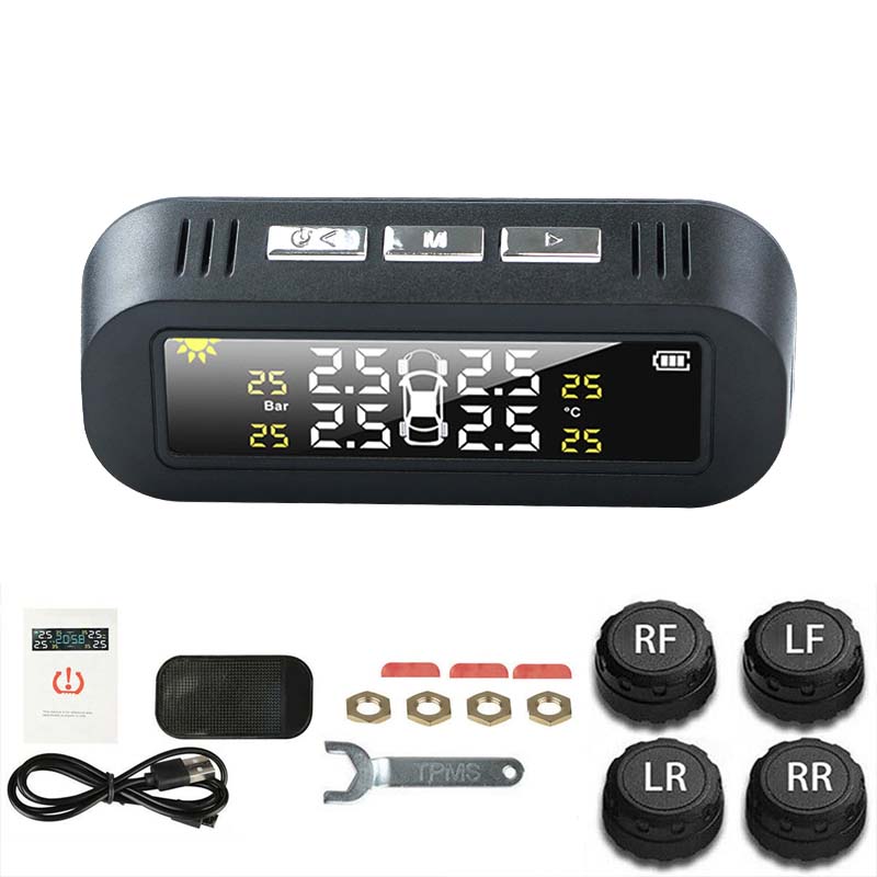 Tyre Pressure Monitoring System | Solar Wireless Car TPMS + 4 External Sensor with Temperature and Pressure LCD Display Auto Alarm Real-Time Detection