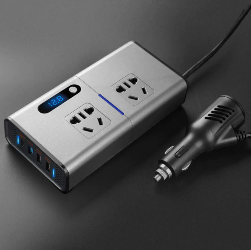 Premium 200W Car Power Inverter | DC 12/24V to 230V AC | 3 USB 1 Type-C Ports | Charger Adapter with Switch & LED Screen | Ideal for Car, SUV, Truck | Sleek Silver Grey Design