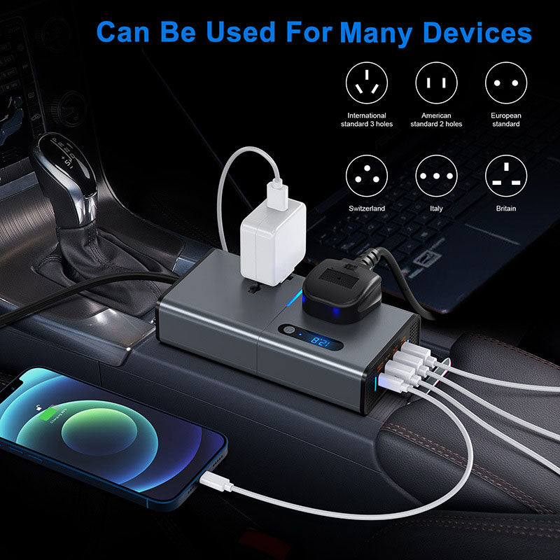 Premium 200W Car Power Inverter | DC 12/24V to 230V AC | 3 USB 1 Type-C Ports | Charger Adapter with Switch & LED Screen | Ideal for Car, SUV, Truck | Sleek Silver Grey Design