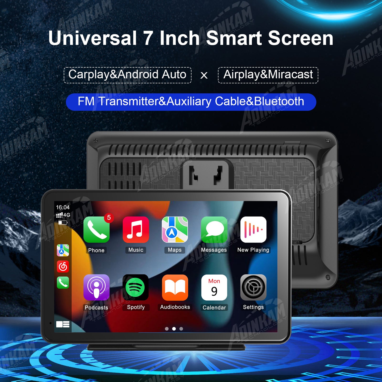 Adinkam V22 7-Inch Portable CarPlay & Android Auto | Smart Touch Screen, Wireless Connectivity, Bluetooth, FM, AUX | Universal Car Multimedia Player