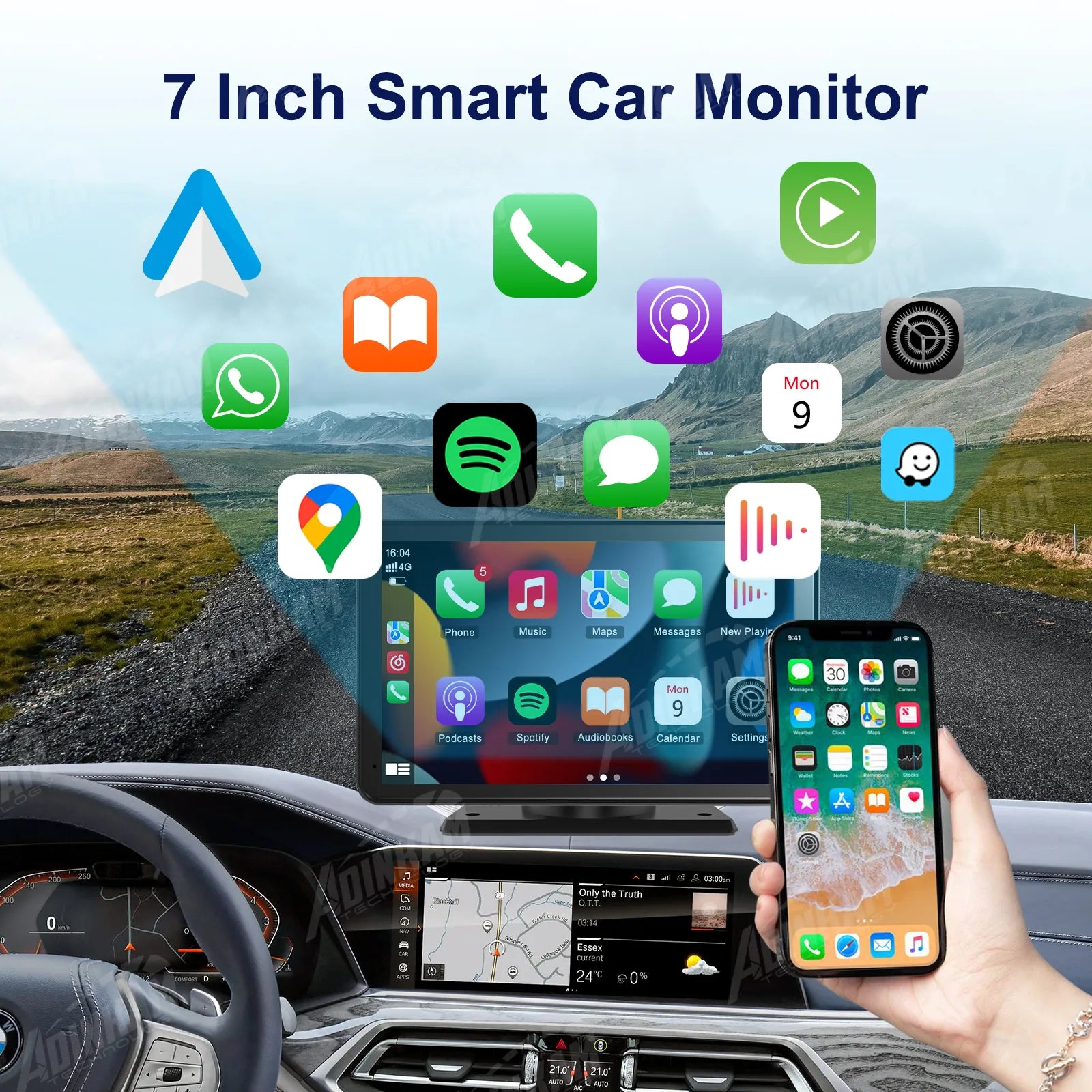 Adinkam V22 7-Inch Portable CarPlay & Android Auto | Smart Touch Screen, Wireless Connectivity, Bluetooth, FM, AUX | Universal Car Multimedia Player